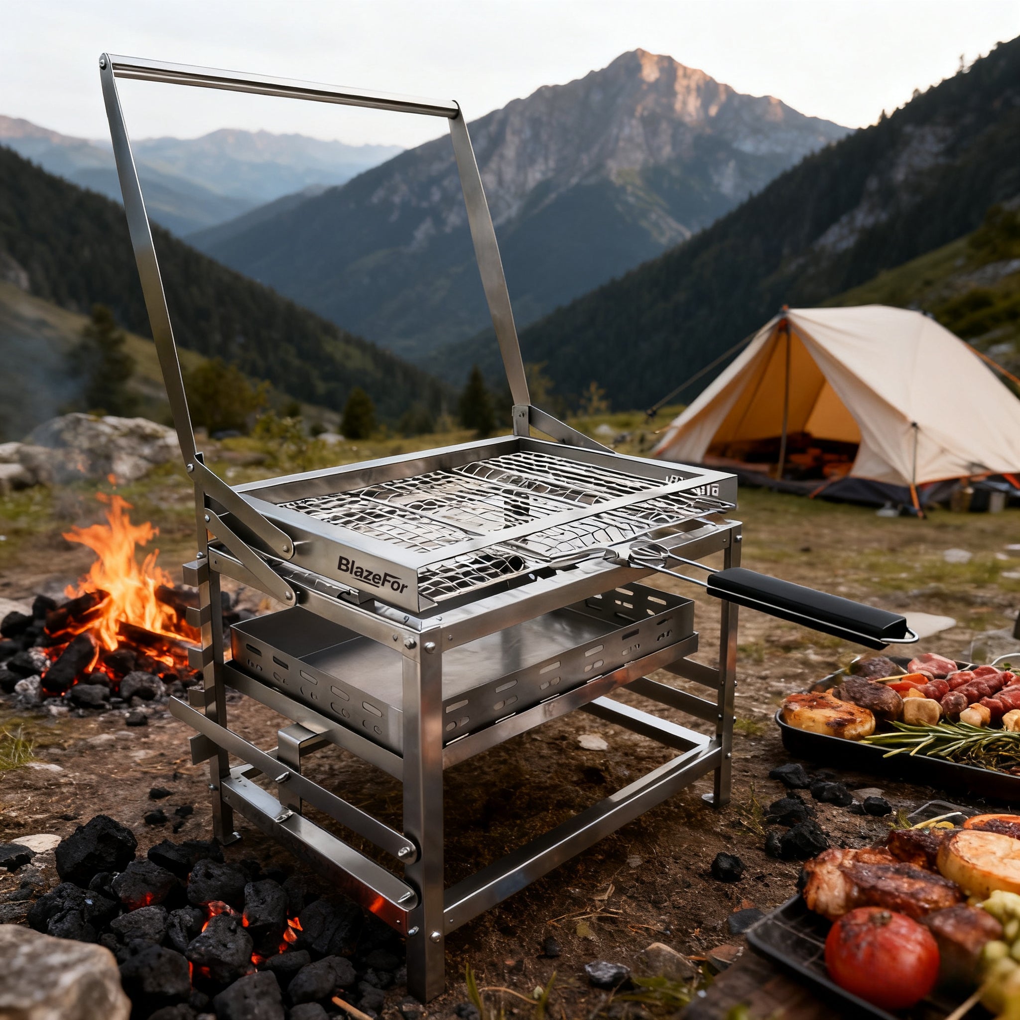 360° Rotating Adjustable Charcoal BBQ Grill, Portable Outdoor Camping Grill